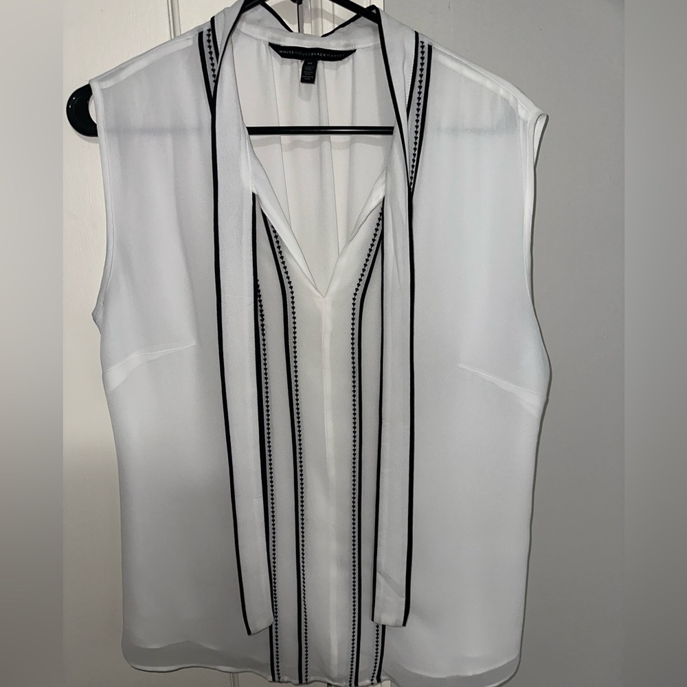 White House Black Market White Sleeveless Tie-Neck Tank with Black Trim